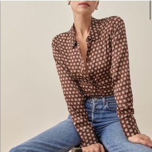 Reformation Kendall Silk Top Palladio Brown White Retro Size 6 NWOT